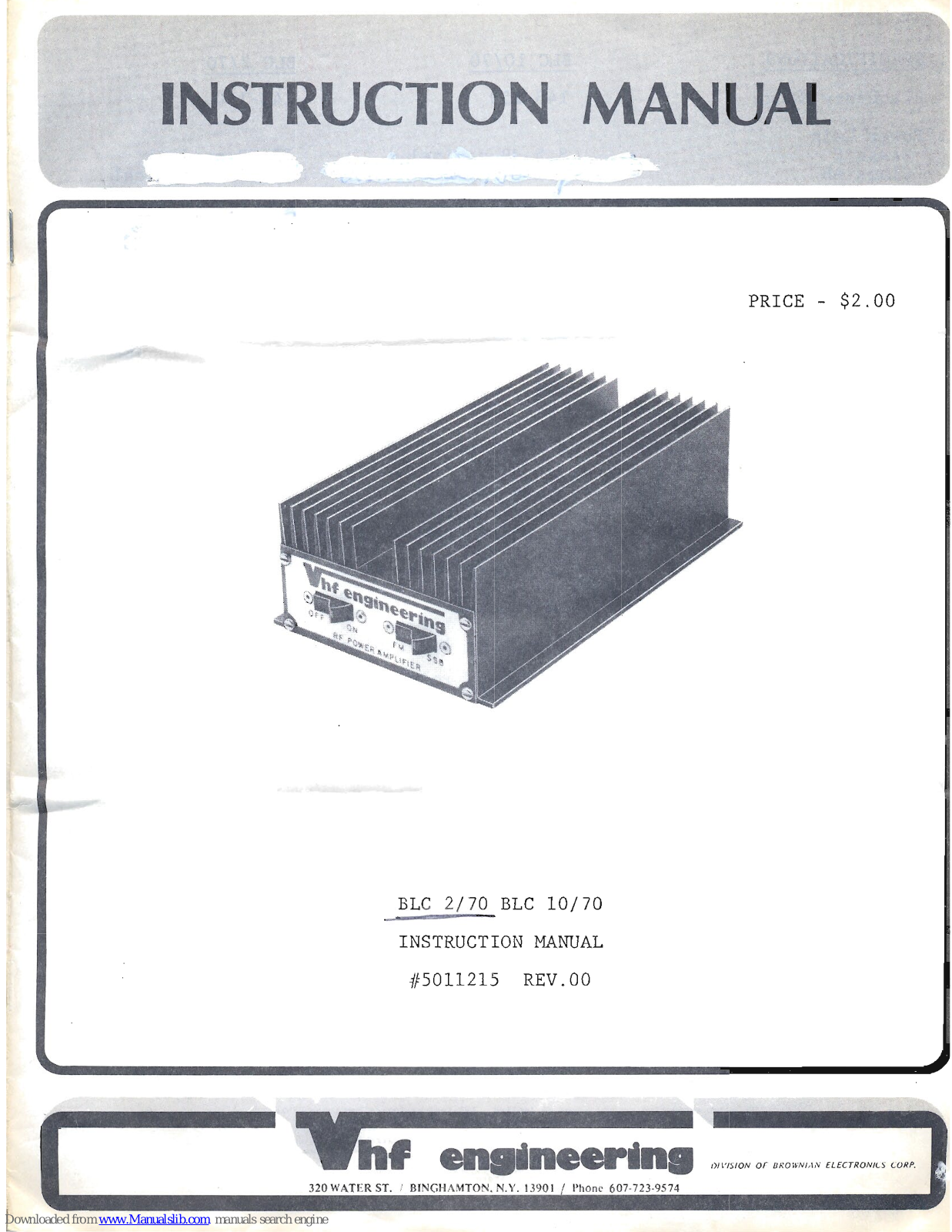 VHF Engineering BLC 2/70, BLC 10/70 Instruction Manual