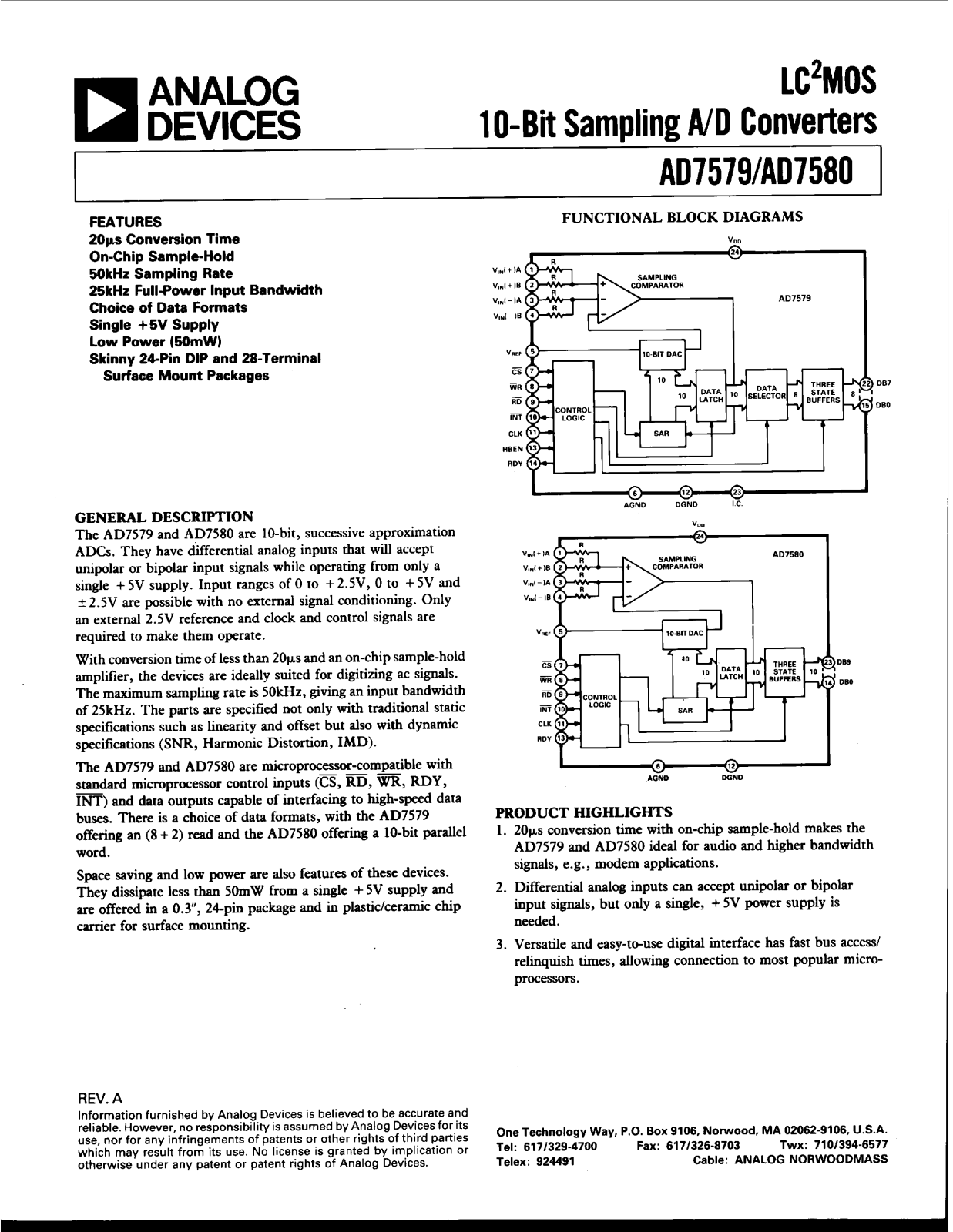 Analog Devices AD7580SQ, AD7580SE, AD7580KP, AD7580KN, AD7580JP Datasheet