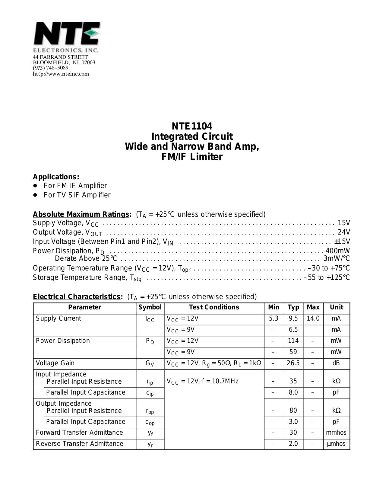 Datasheet NTE1104 Datasheet (NTE) - ManualMachine.com