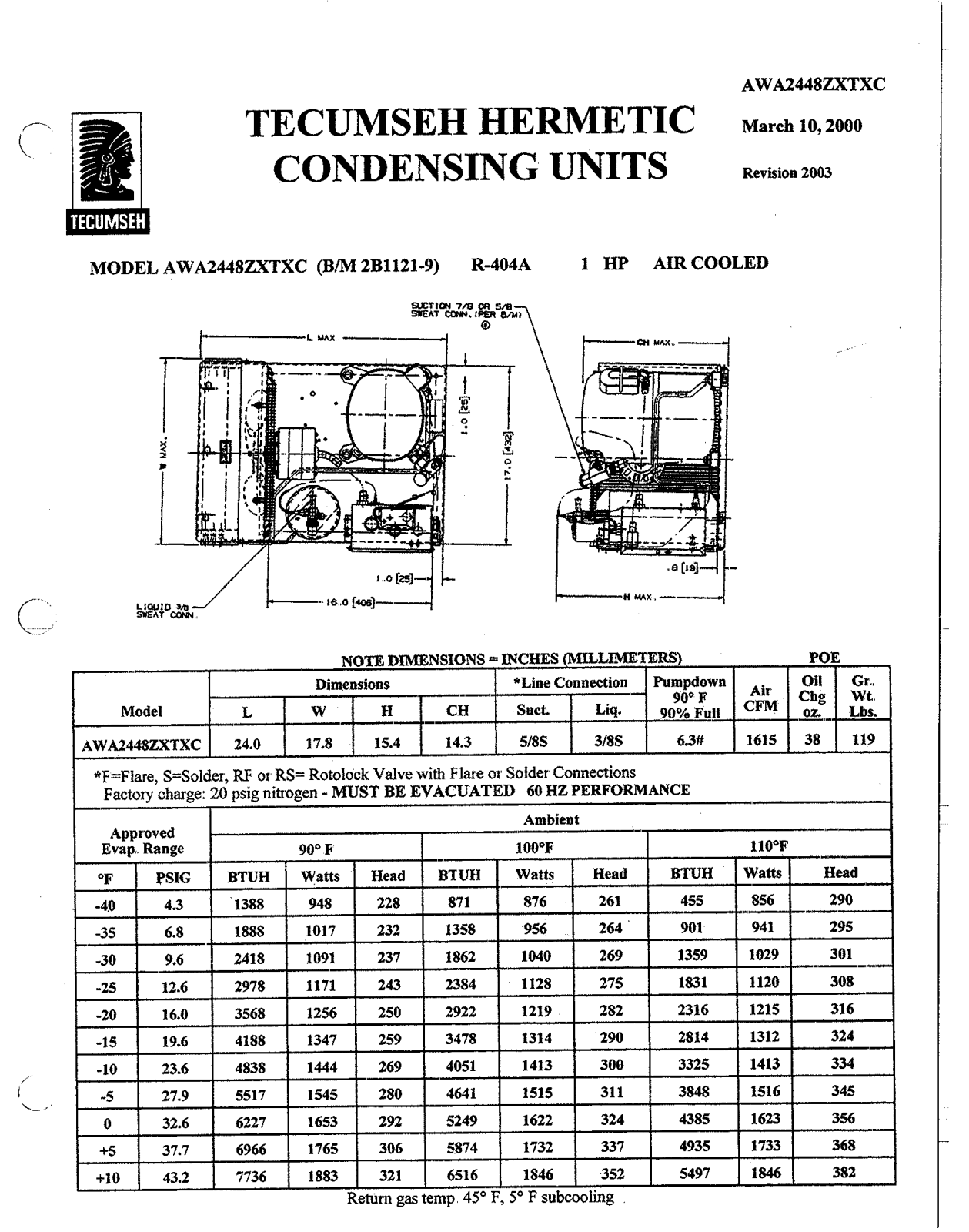 Tecumseh AWA2448ZXTXC Performance Data Sheet