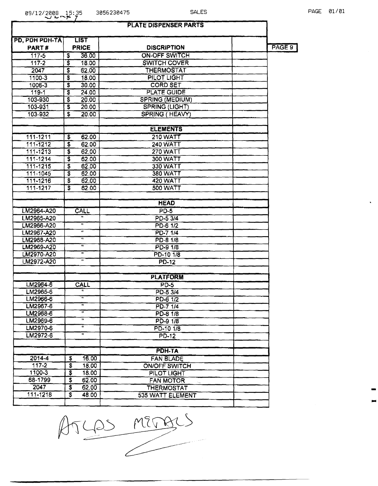 Atlas Metal PD-12 Parts List