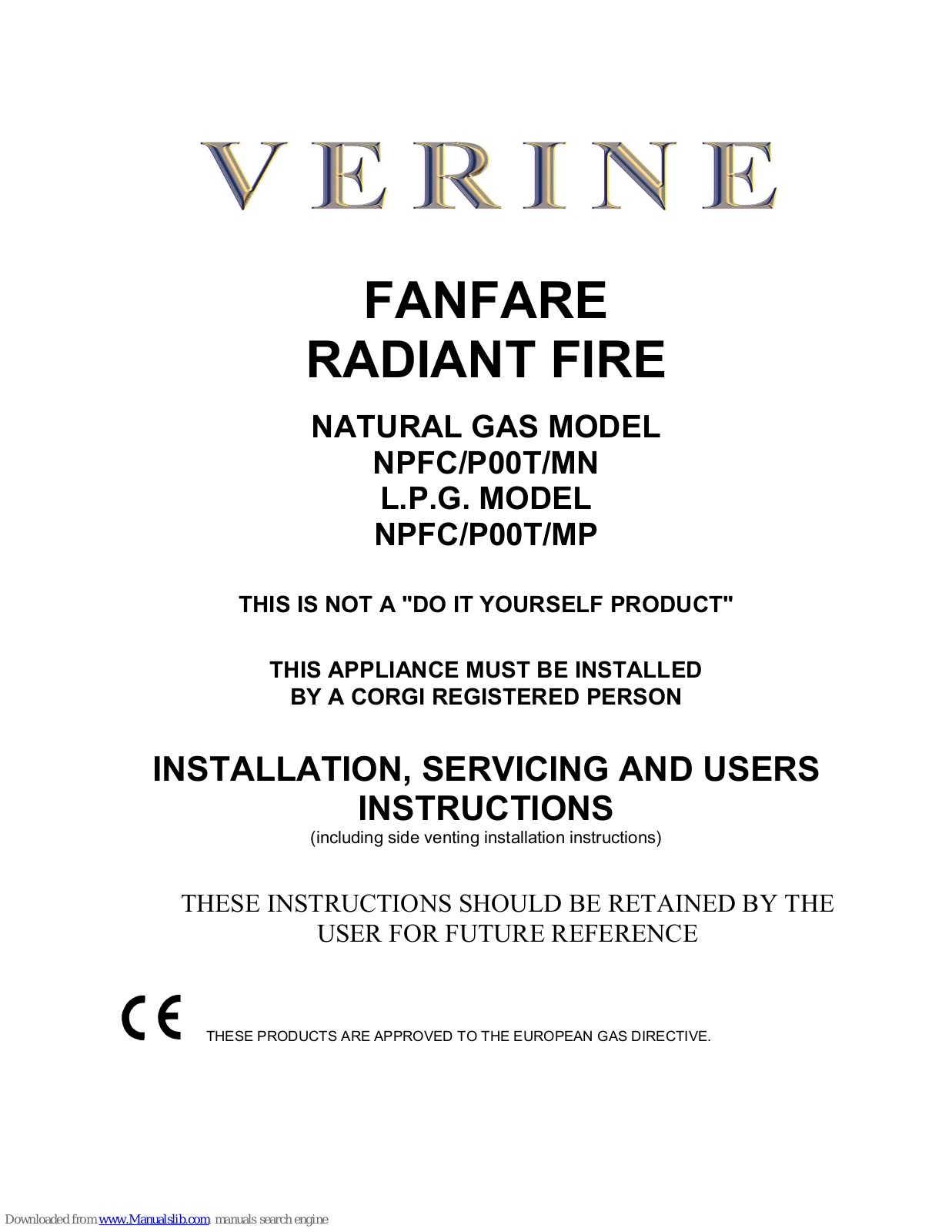 Verine NPFC/P00T/MN, NPFC/P00T/MP Installation, Servicing And User Instructions Manual