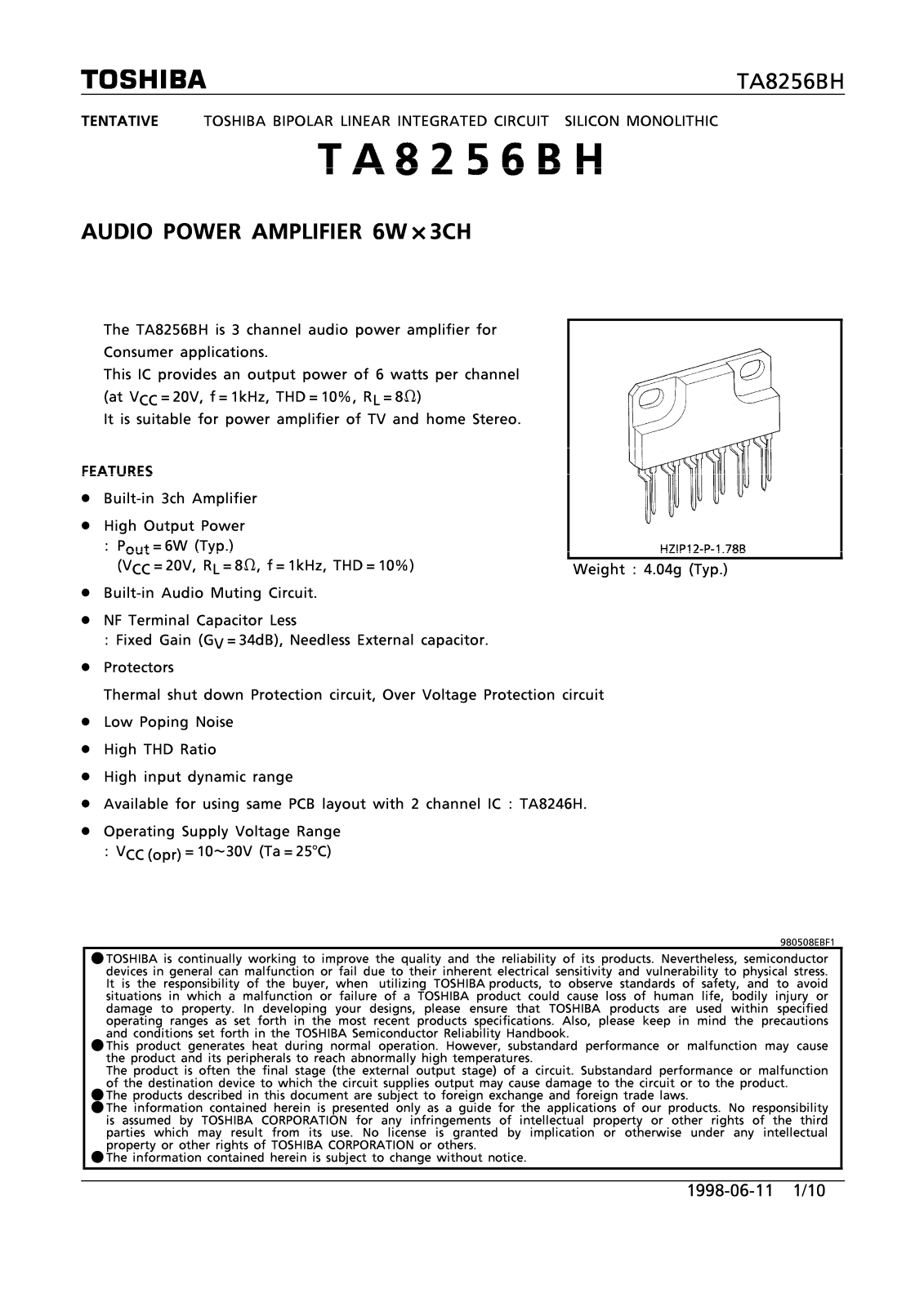 Toshiba TA8256BH Datasheet