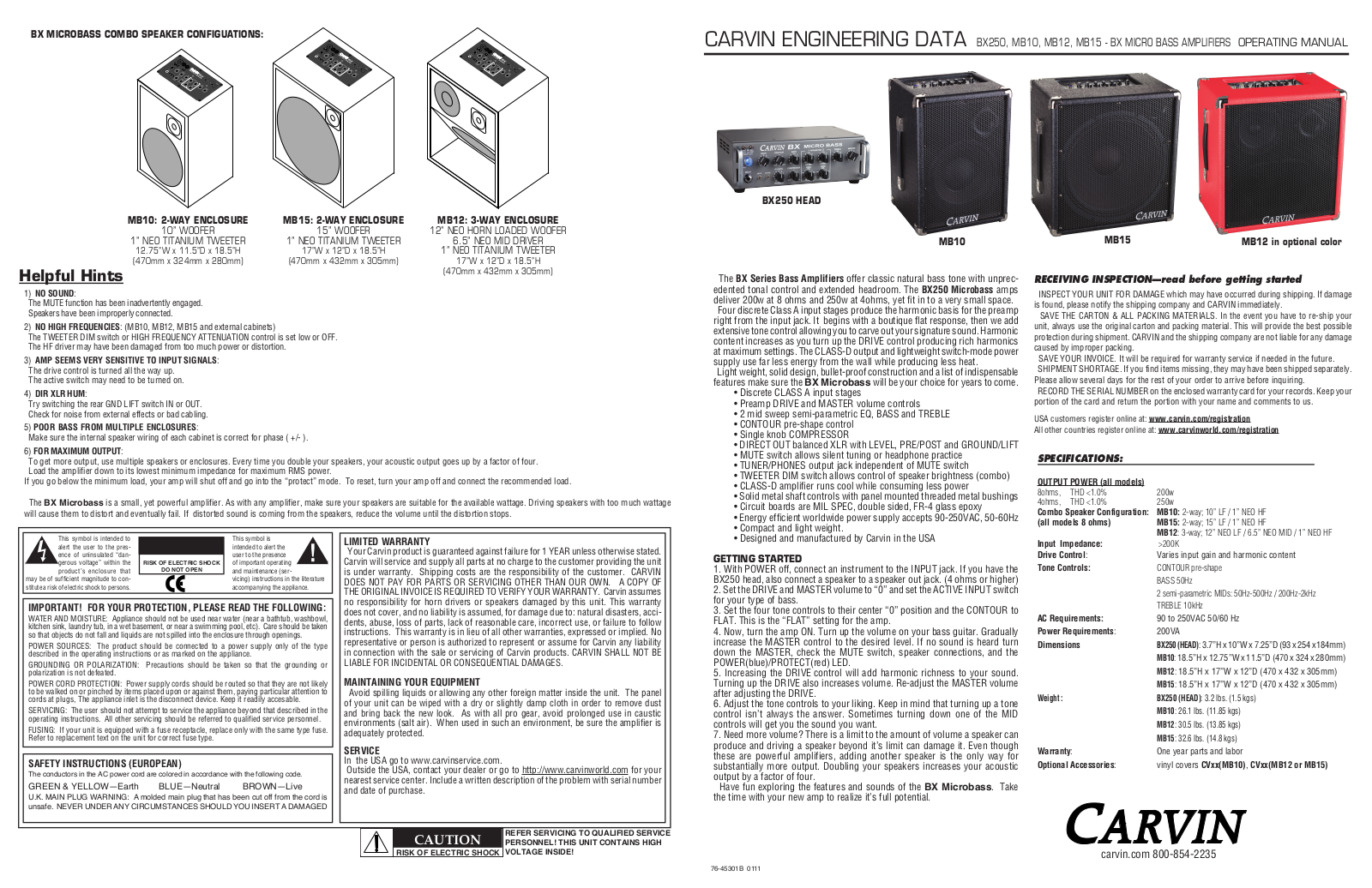 Carvin MB15, MB10, MB12, BX250 User Manual