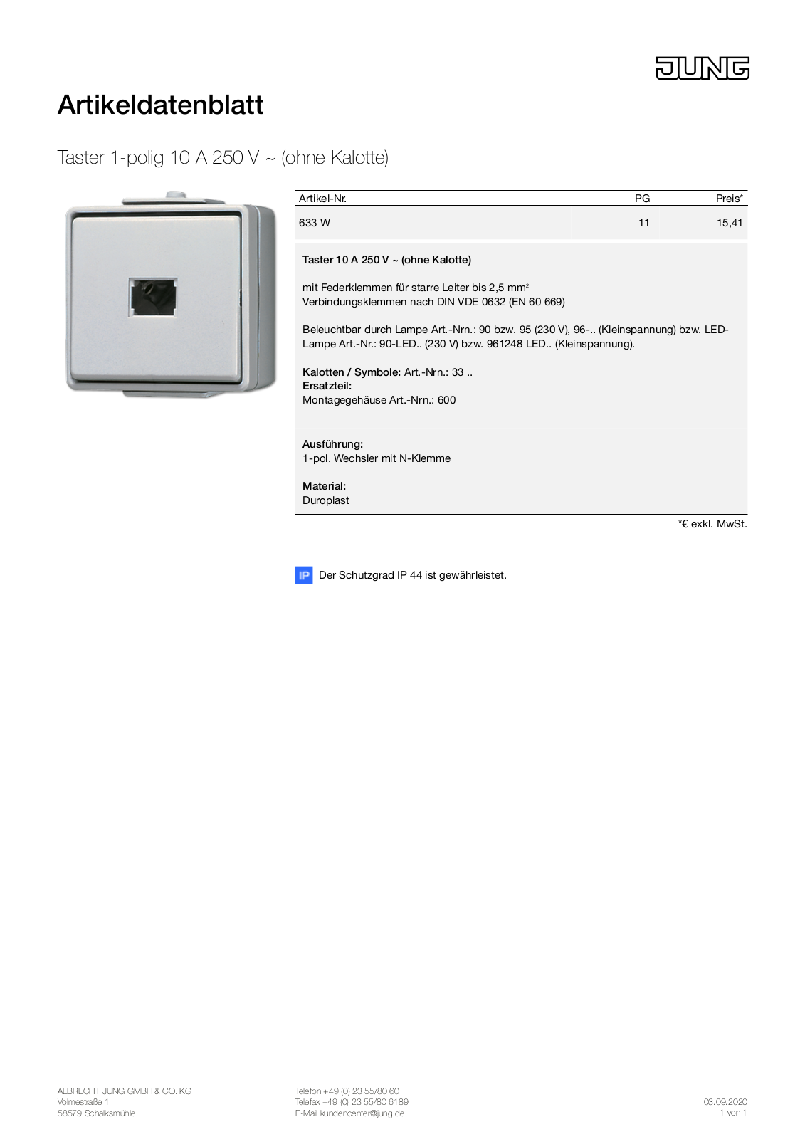 Jung 633 W Technical data