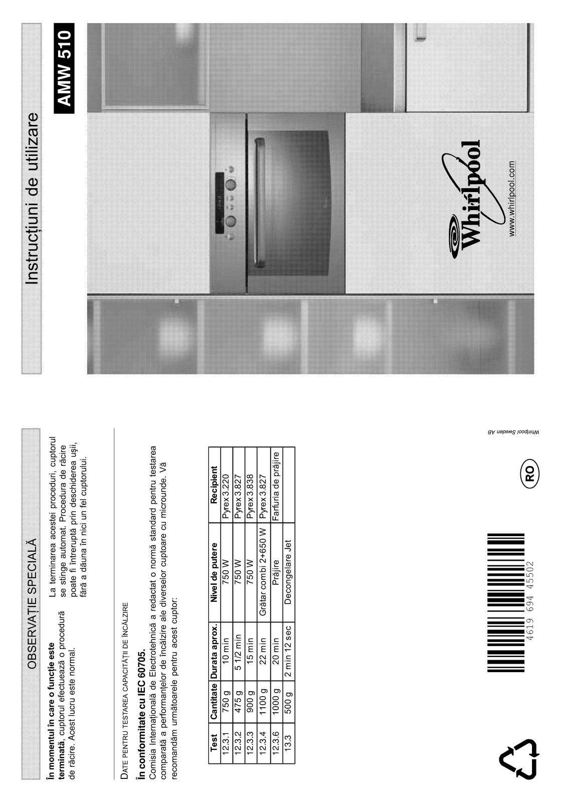 WHIRLPOOL AMW 510 IX User Manual