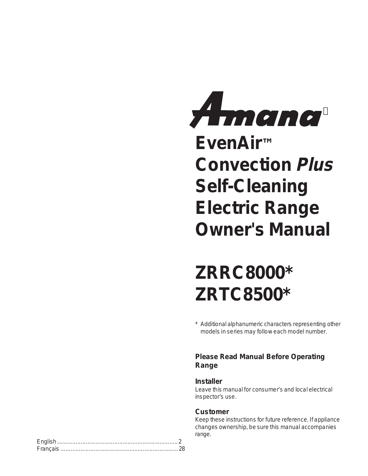 Amana ZRTC8500, ZRRC8000 User Manual