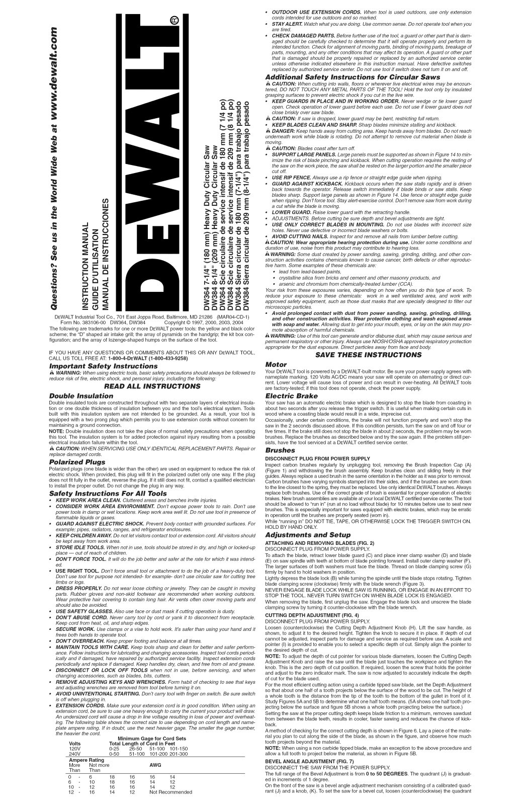 DeWalt DW364K TYPE3, DW384 TYPE3, DW364 TYPE4, DW364 TYPE3, DW384 TYPE4 Owner’s Manual