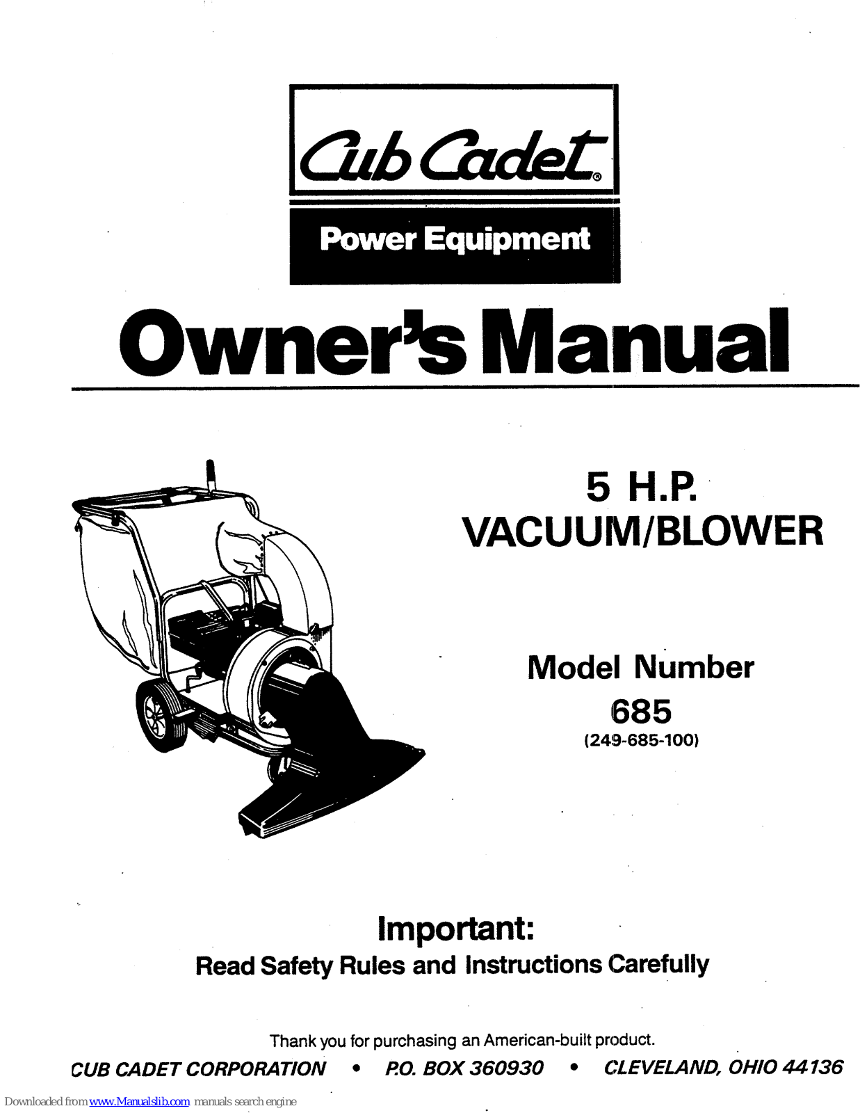 Cub Cadet 249-685-100 Owner's Manual