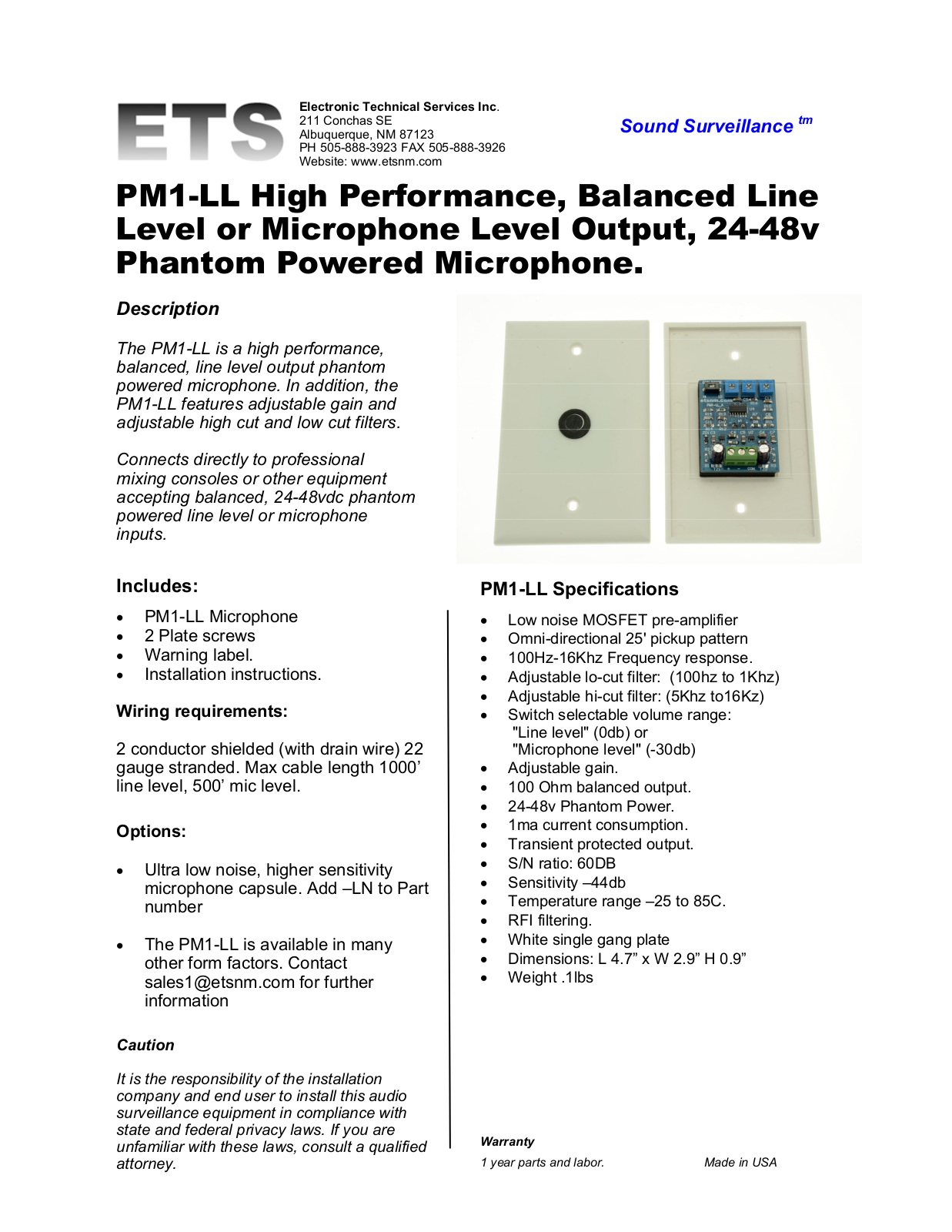 ETS PM1-LL Specsheet