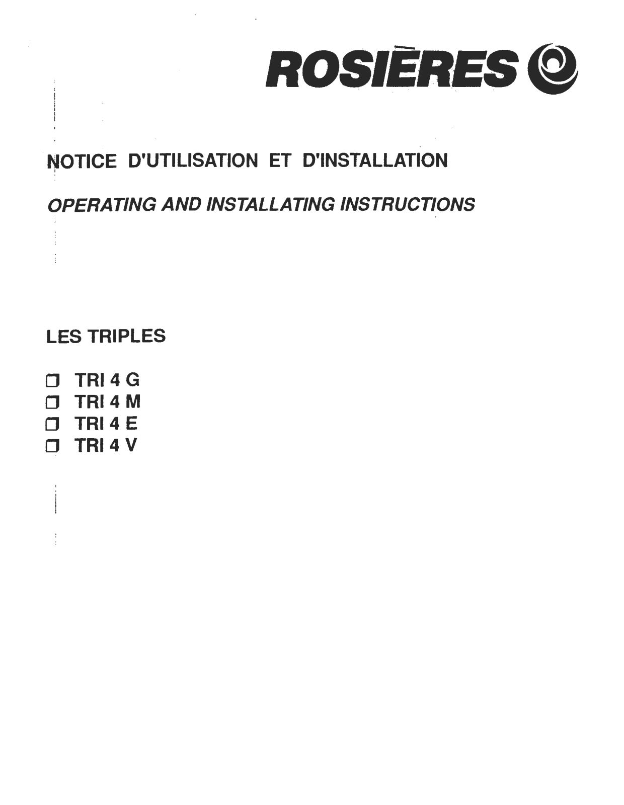 ROSIERES TRI 4 E, TRI 4 G, TRI 4 V, TRI 4M User Manual