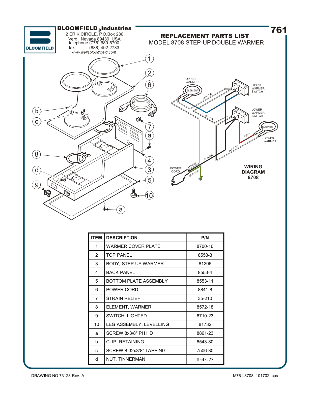 Bloomfield 8708 Parts Diagram