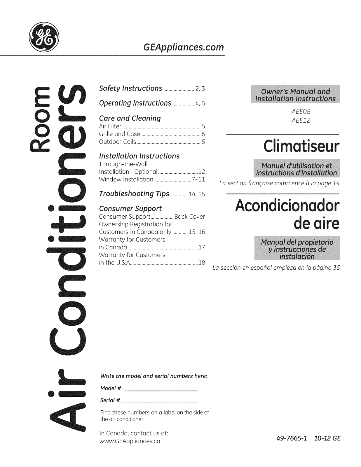 GE AEE12DTL2, AEE12DTL1, AEE12DSW1, AEE12DRL1, AEE12DQW1 Owner’s Manual - ManualMachine.com