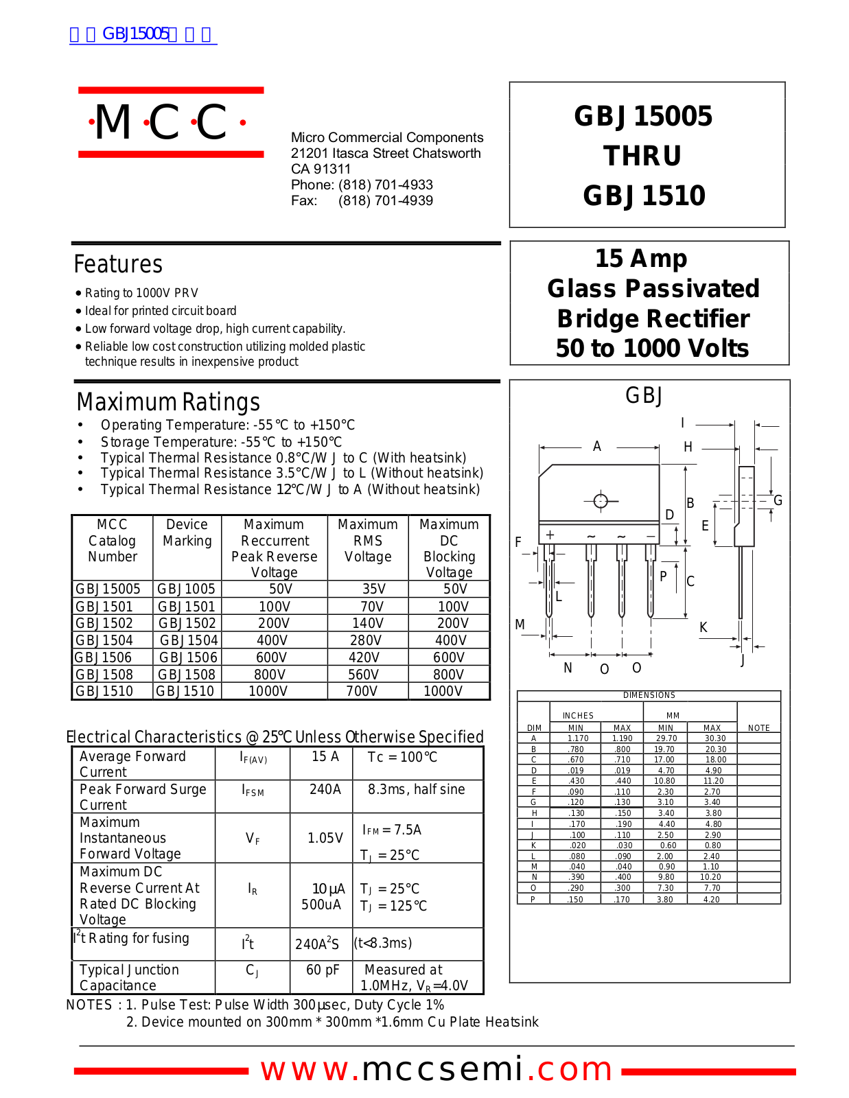 Micro Commercial Components GBJ15005, GBJ1510 Technical data