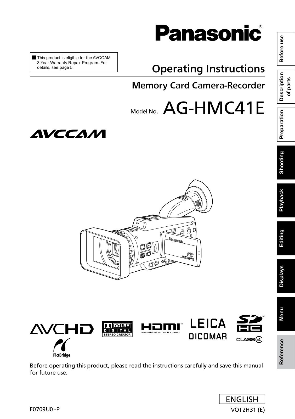 Panasonic AG-HMC41 Operating Instructions