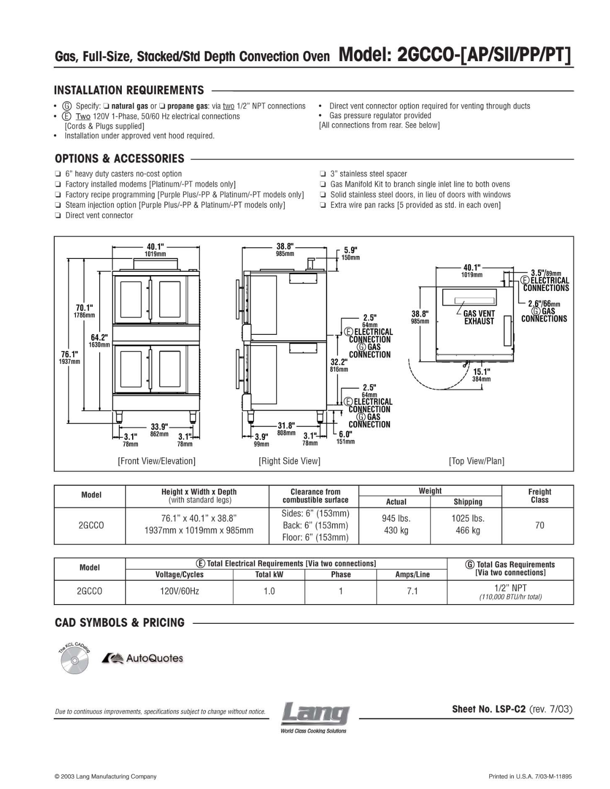 Lang Manufacturing 2GCCO-PP User Manual