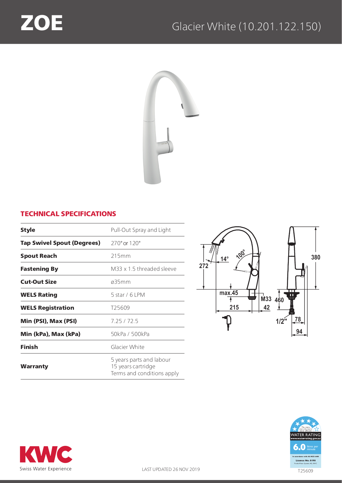 KWC 10201122150 Specifications Sheet