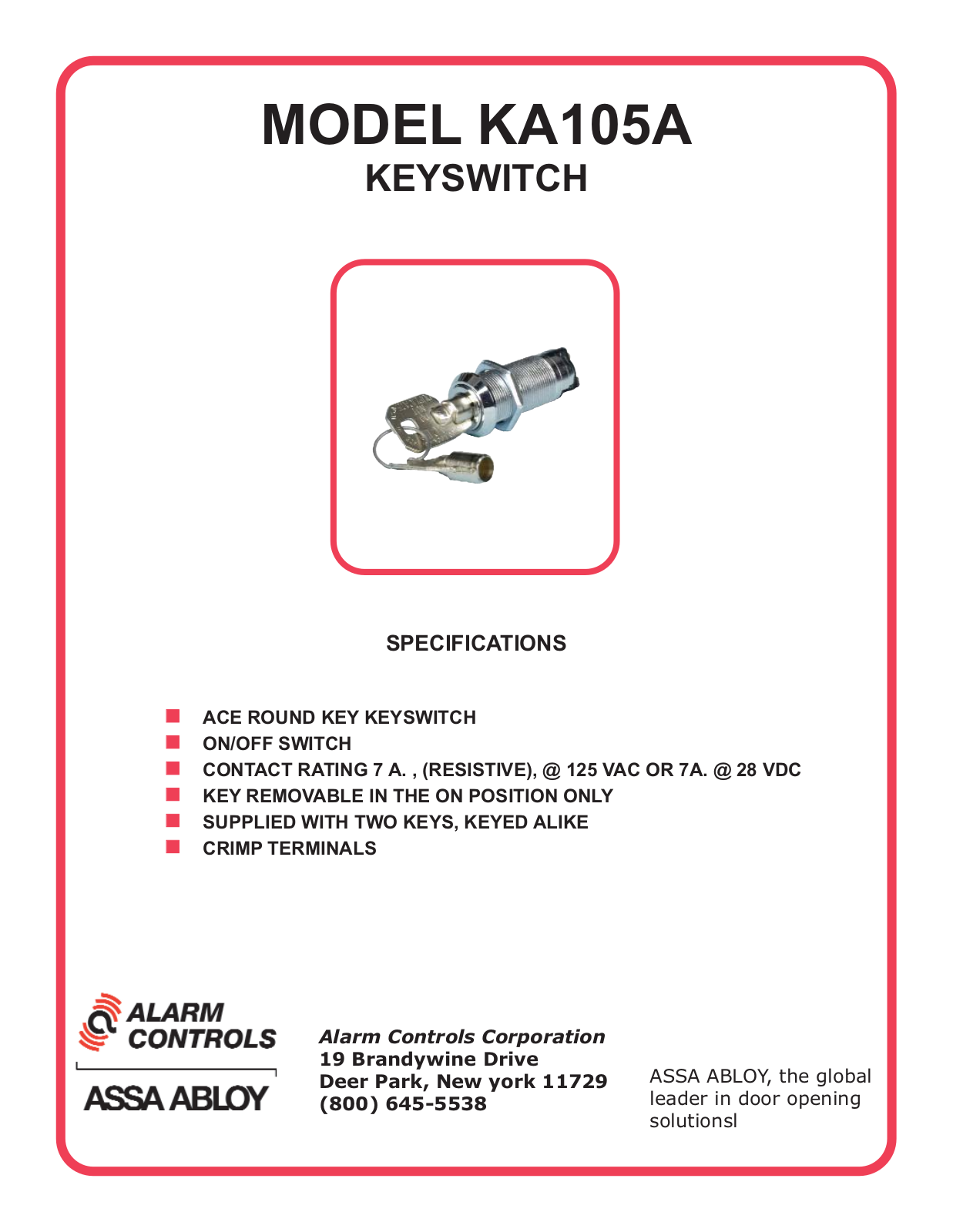 Alarm Controls KA-105A Specsheet