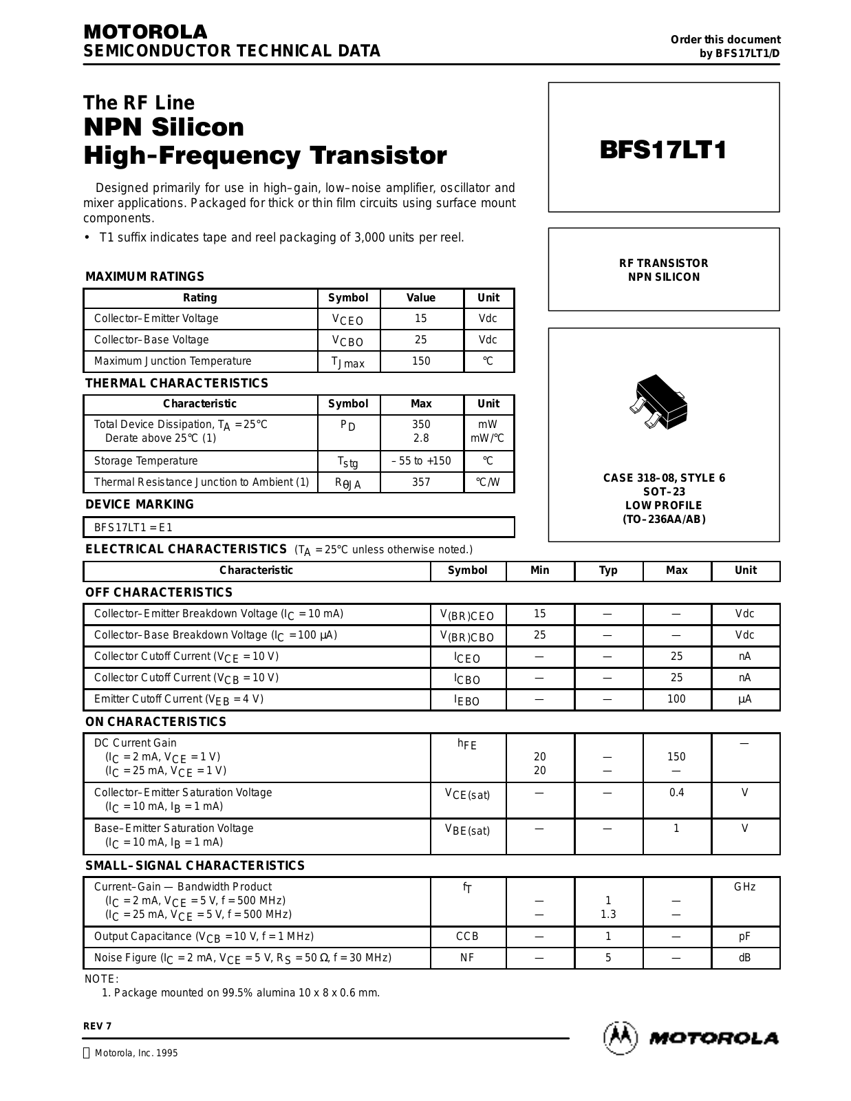 Motorola BFS17LT1 Datasheet