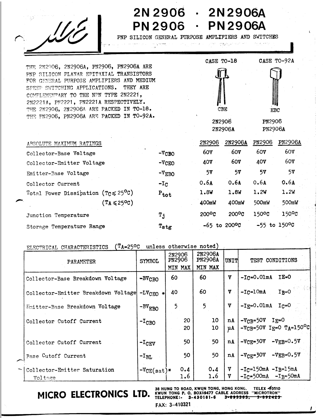 ME 2N2906A, 2N2906 Datasheet