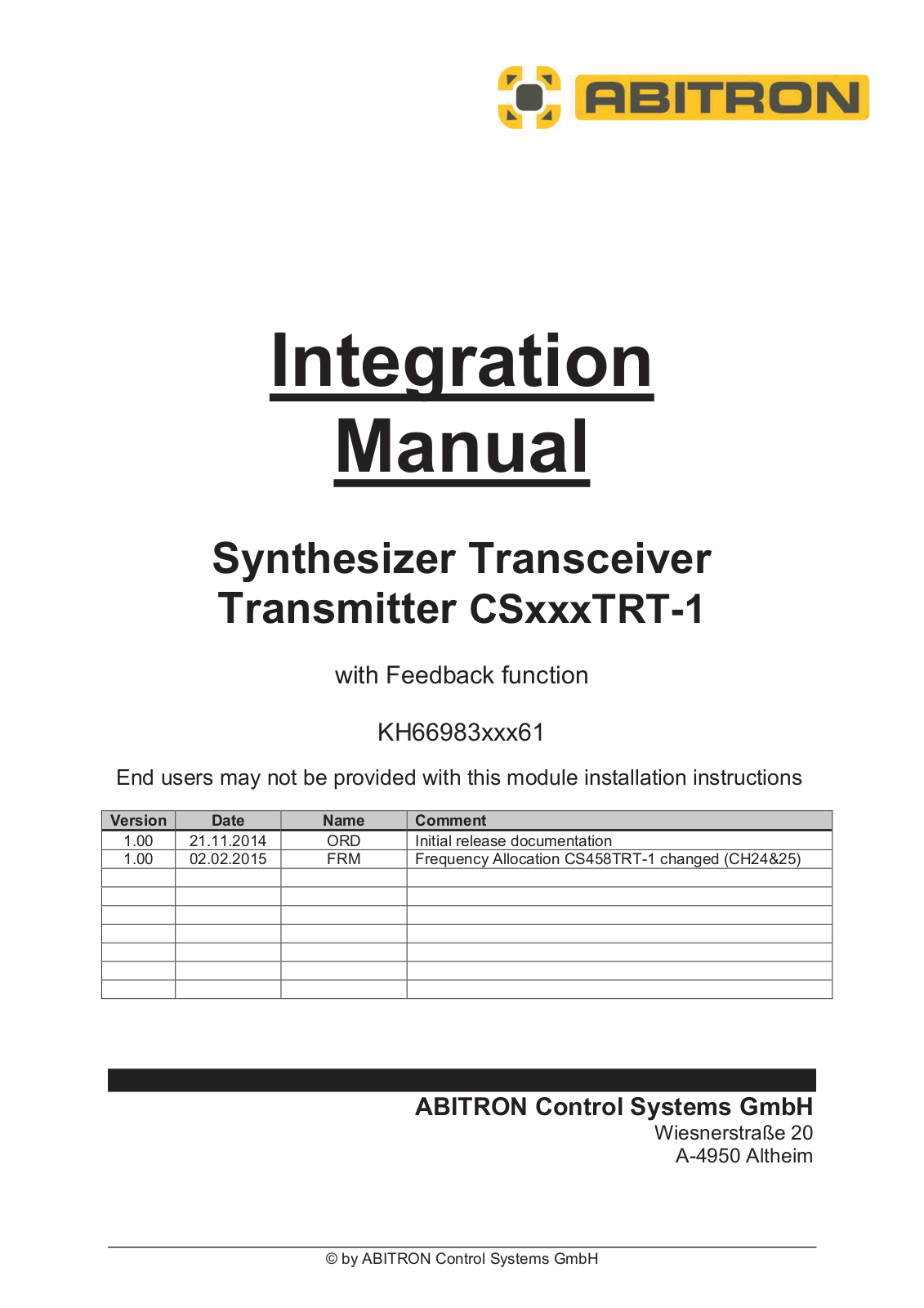 ABITRON Control Systems CSxxxTRT-1 integration manual