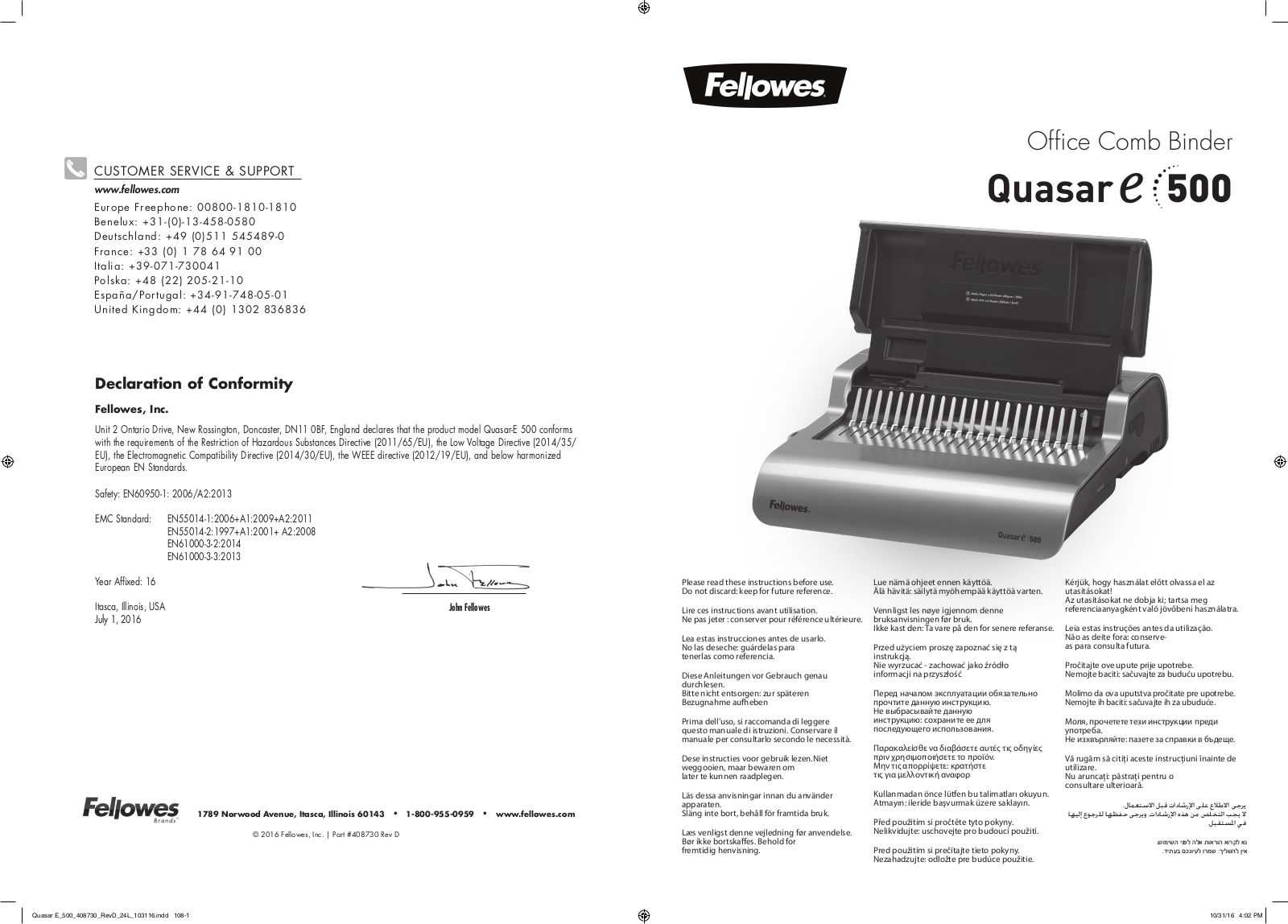 Fellowes Quasar-E User Manual