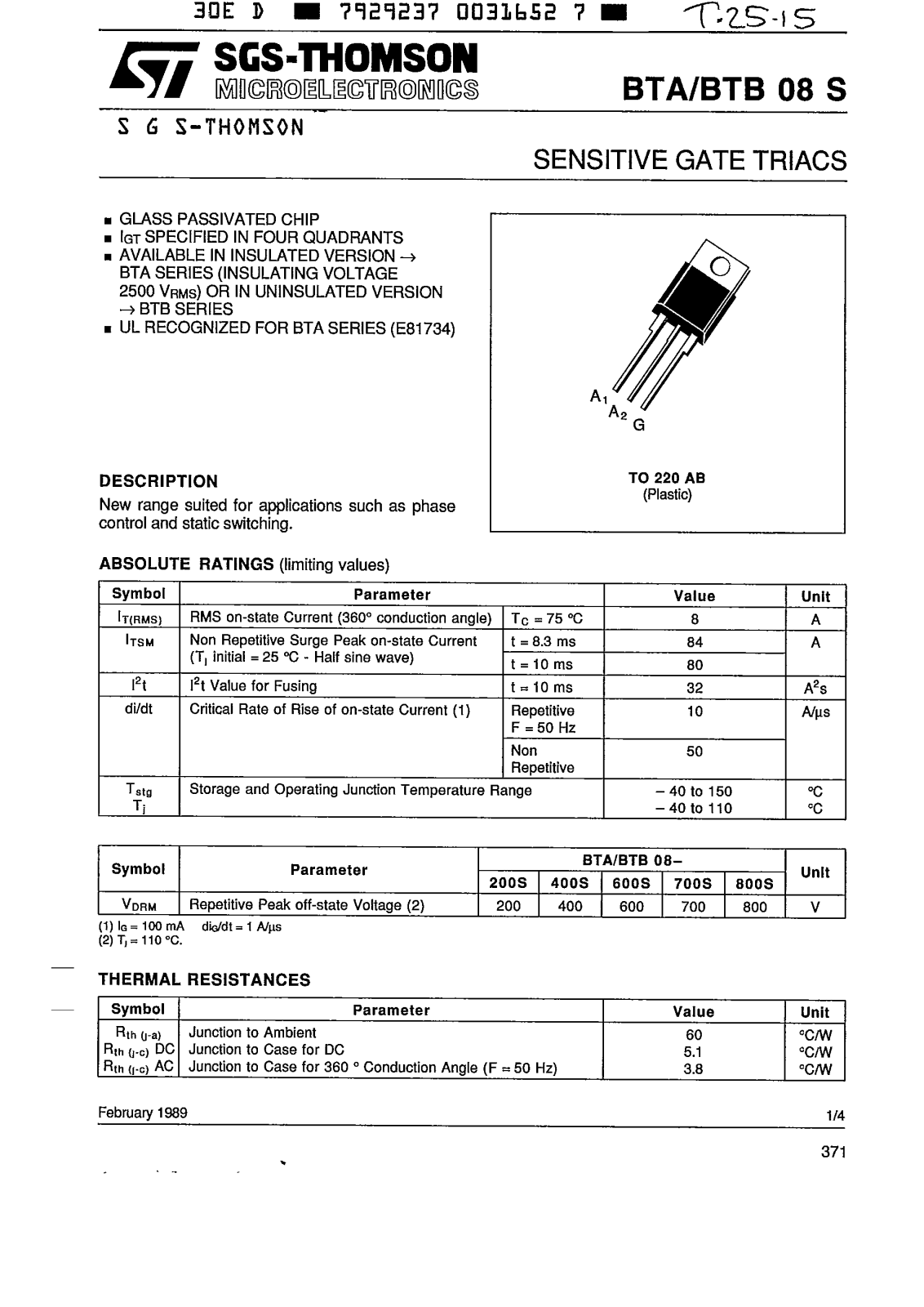 SGS Thomson Microelectronics BTB08-200S, BTB08-800S, BTB08-600S, BTB08-400S, BTB08-700S Datasheet