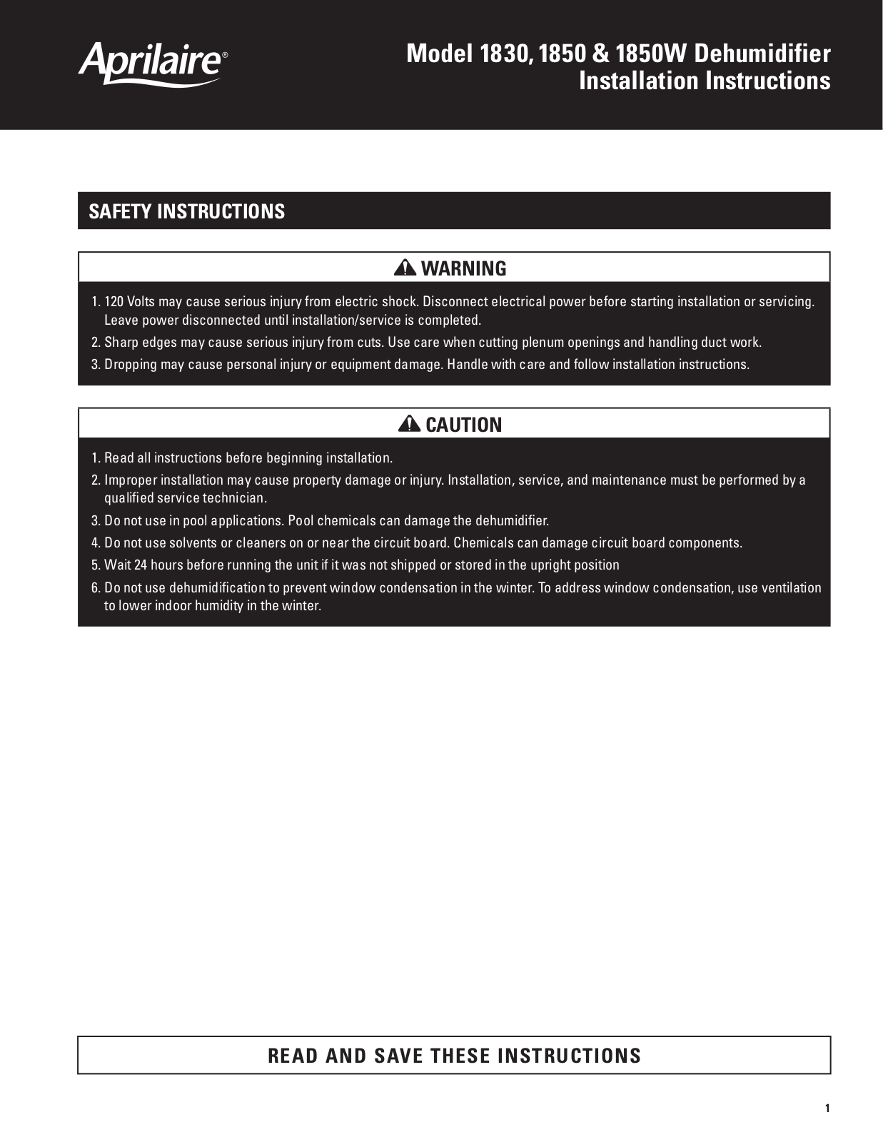 Aprilaire 1850w, 1850, 1830 User Manual