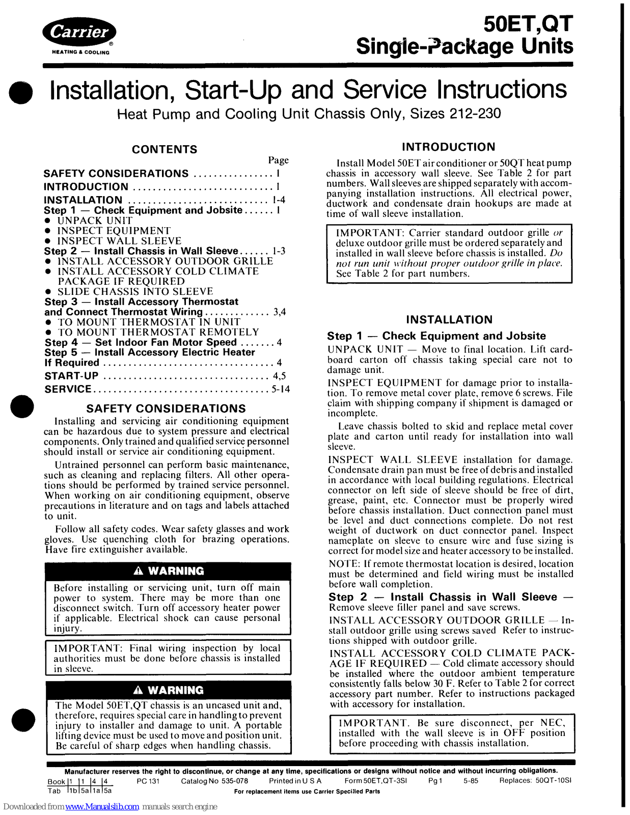 Carrier 50ET212, 50ET215, 50ET218, 50ET224, 50ET230 Installation, Start-up And Service Instructions Manual - ManualMachine.com