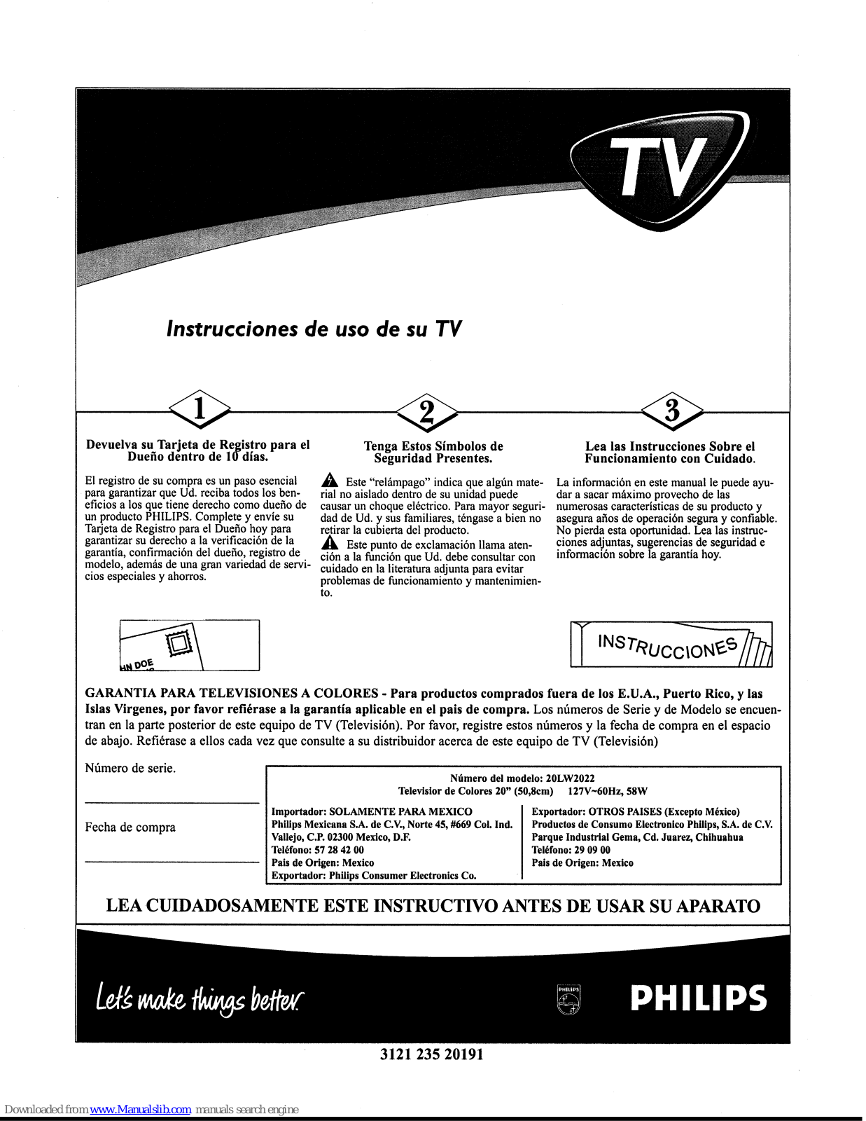 Philips 19-CTV W-DBX STEREO-REM CONT-CHARCOAL-20LW202, 20LW202, 20LW2022 Instrucciones De Uso