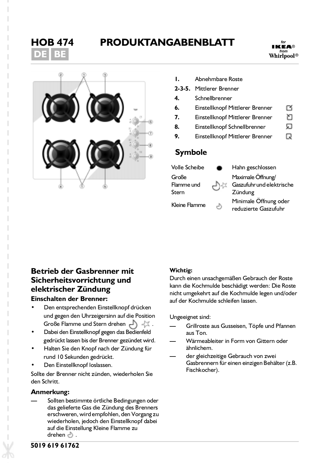 Whirlpool HOB 474 B INSTRUCTION FOR USE