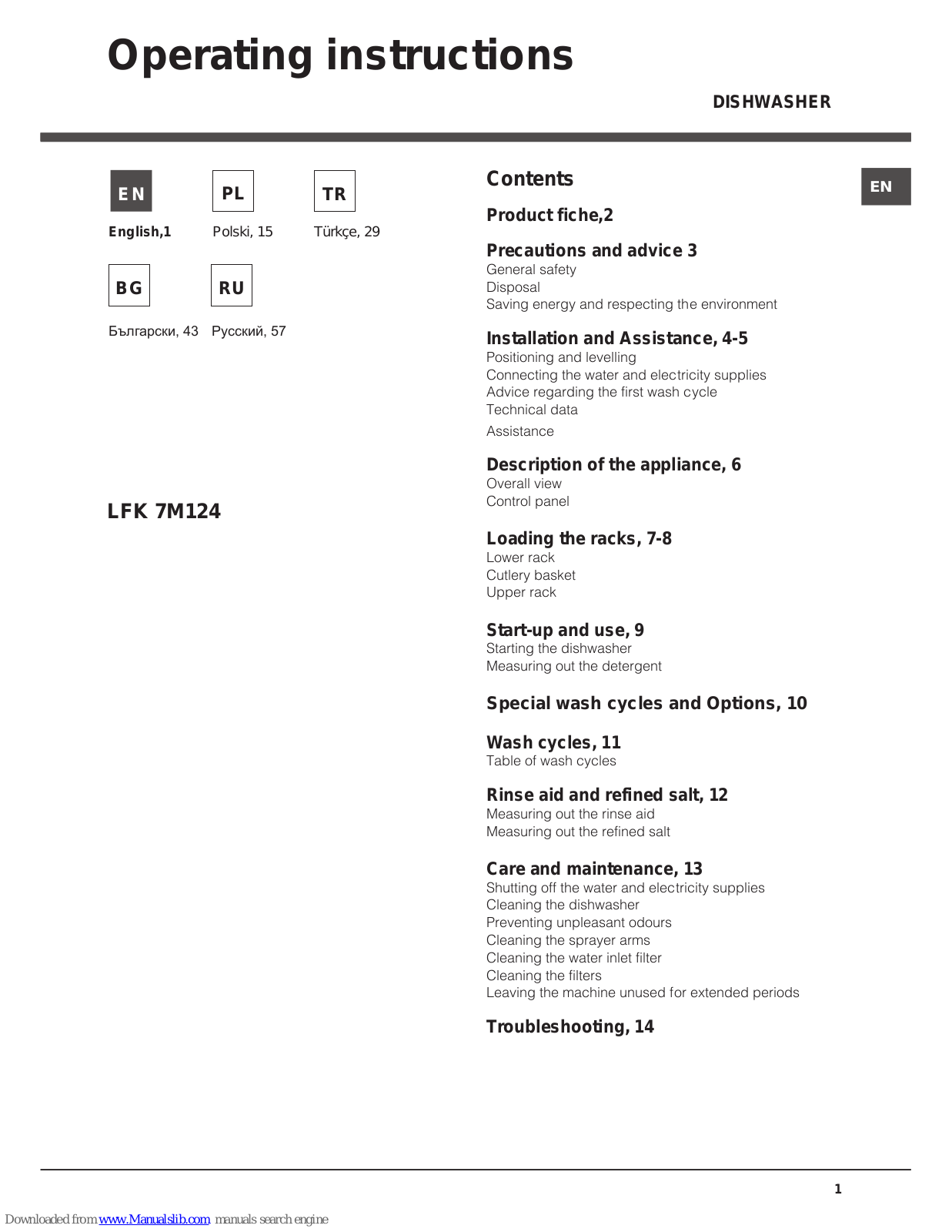 Hotpoint LFK 7M124 Operating Instructions Manual