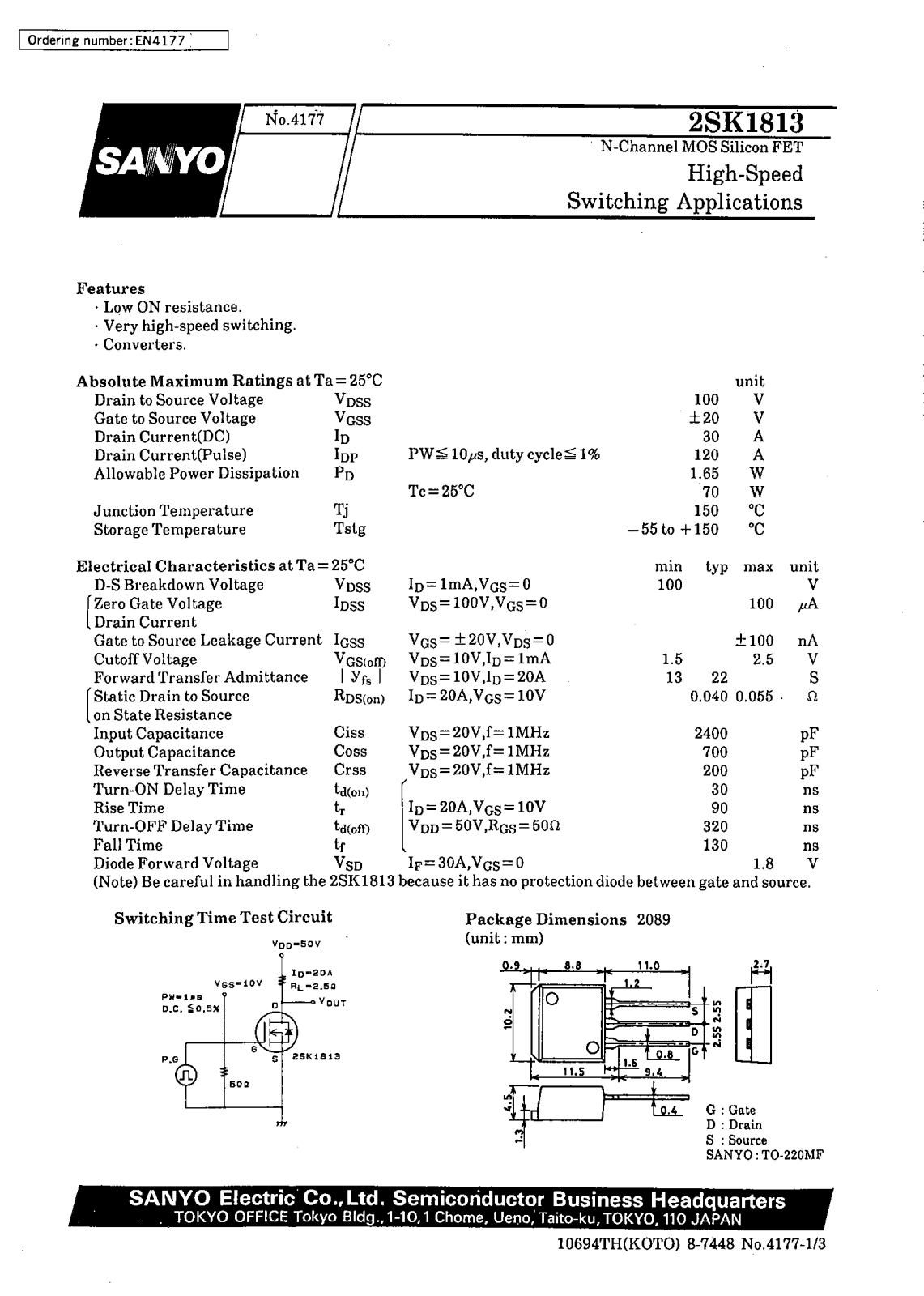Datasheet 2SK1813 Datasheet (SANYO) - ManualMachine.com