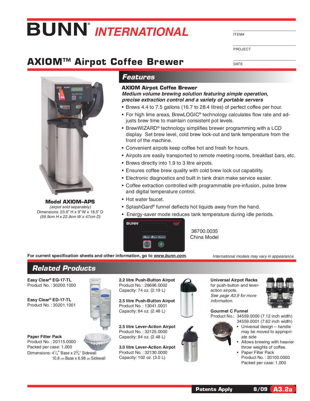 Bunn Coffee Maker AXIOM-APS User Manual