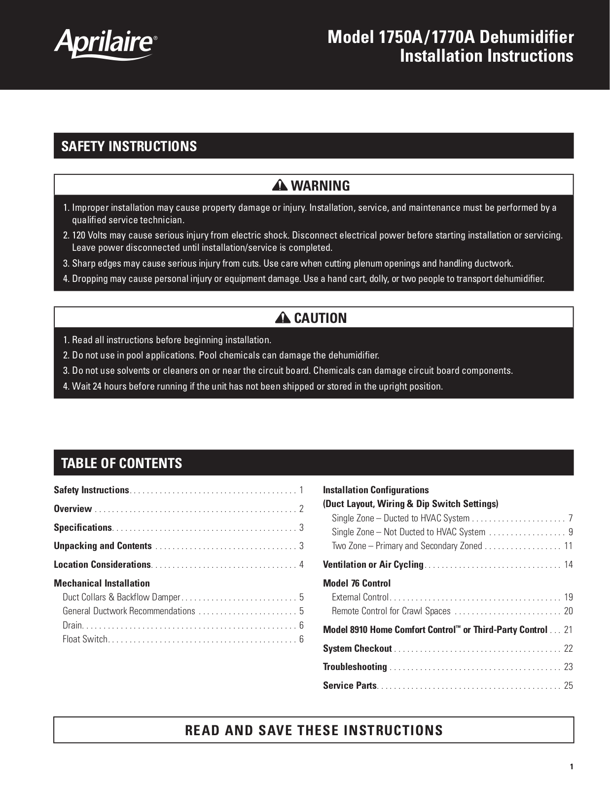 Aprilaire 1750A, 1770A Installation Manual