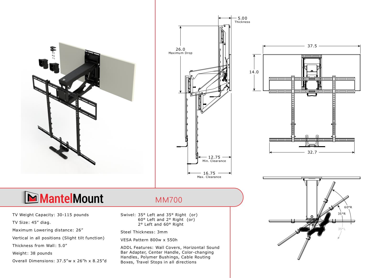 MantelMount MM700 Dimensions Guide