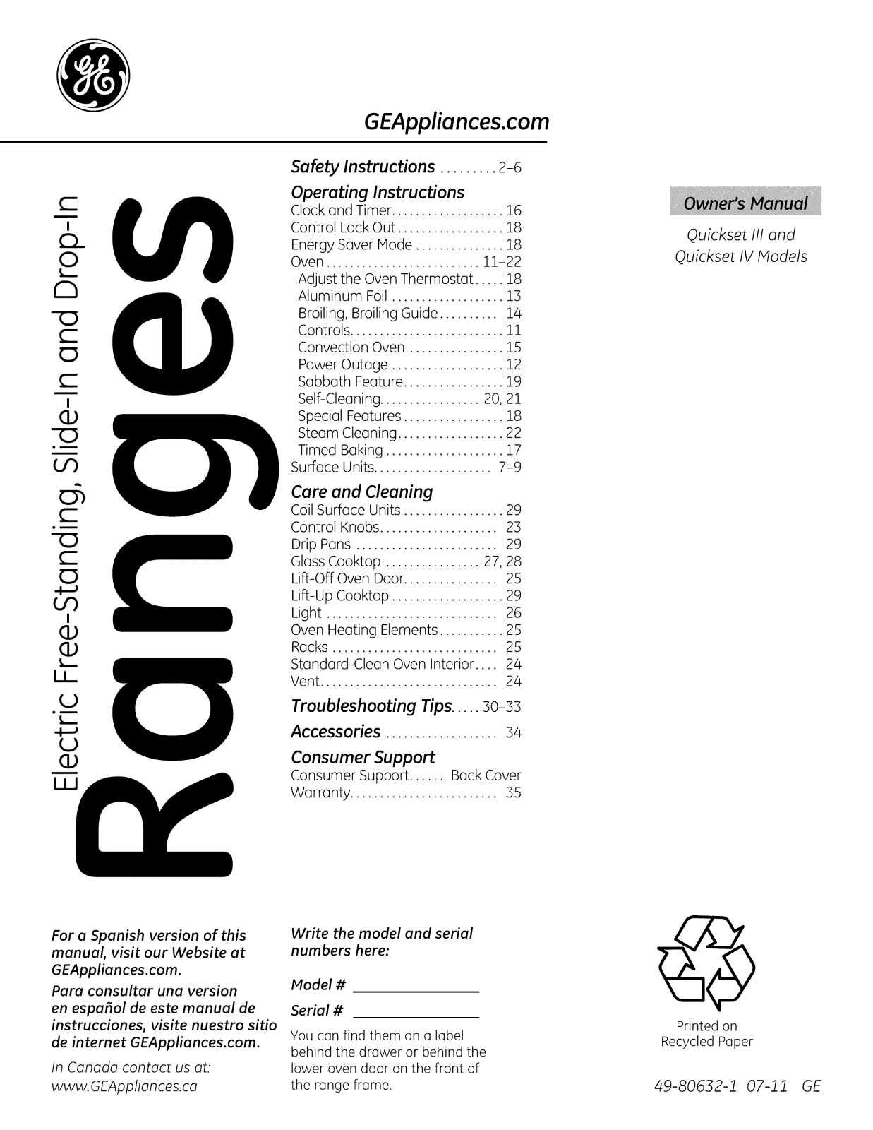 GE JSP39SN5SS, JSP39SN4SS, JSP39SN3SS, JSP39DN3CC, JSP39DN3BB Owner’s Manual