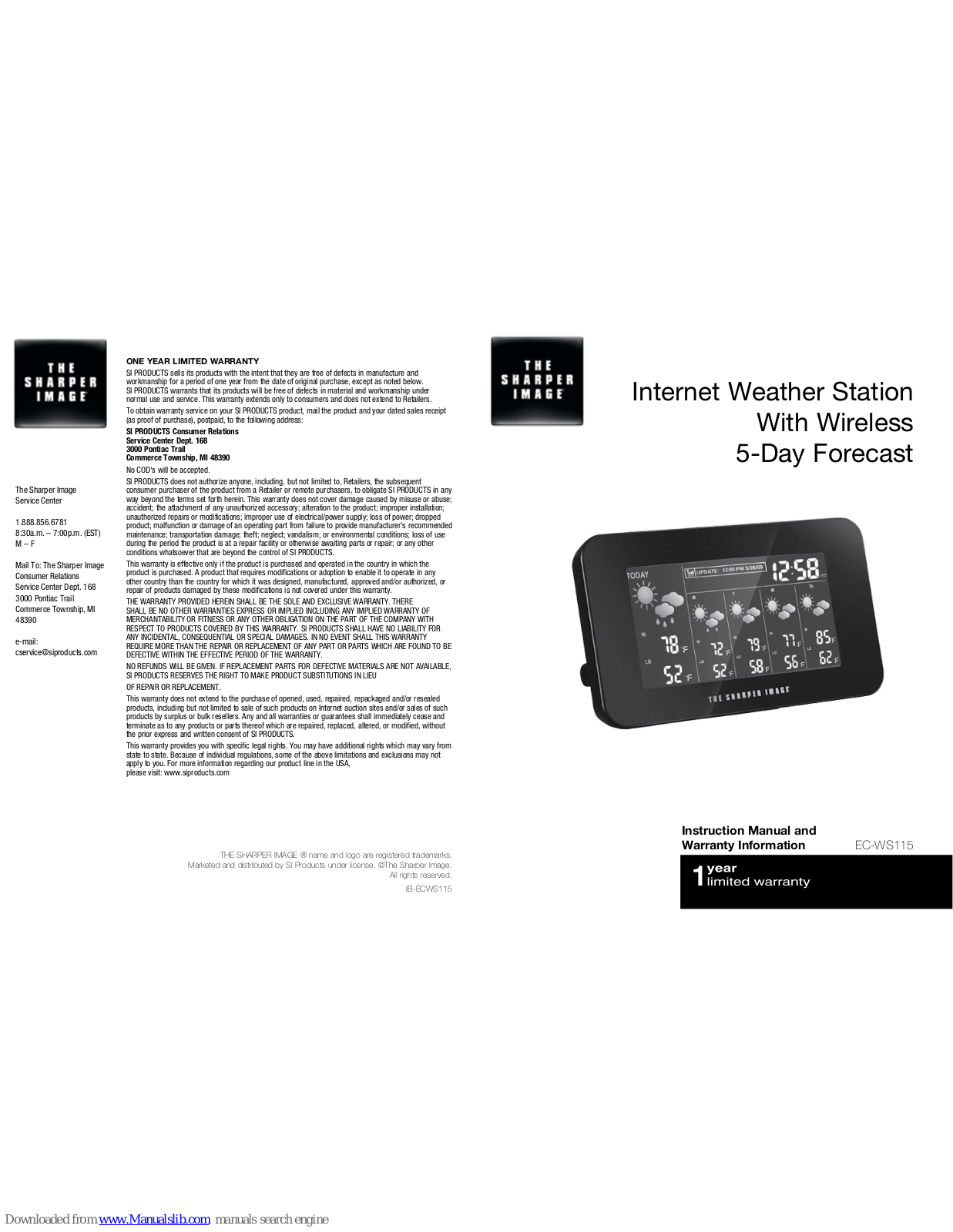 Sharper Image EC-WS115 Instruction Manual And Warranty Information