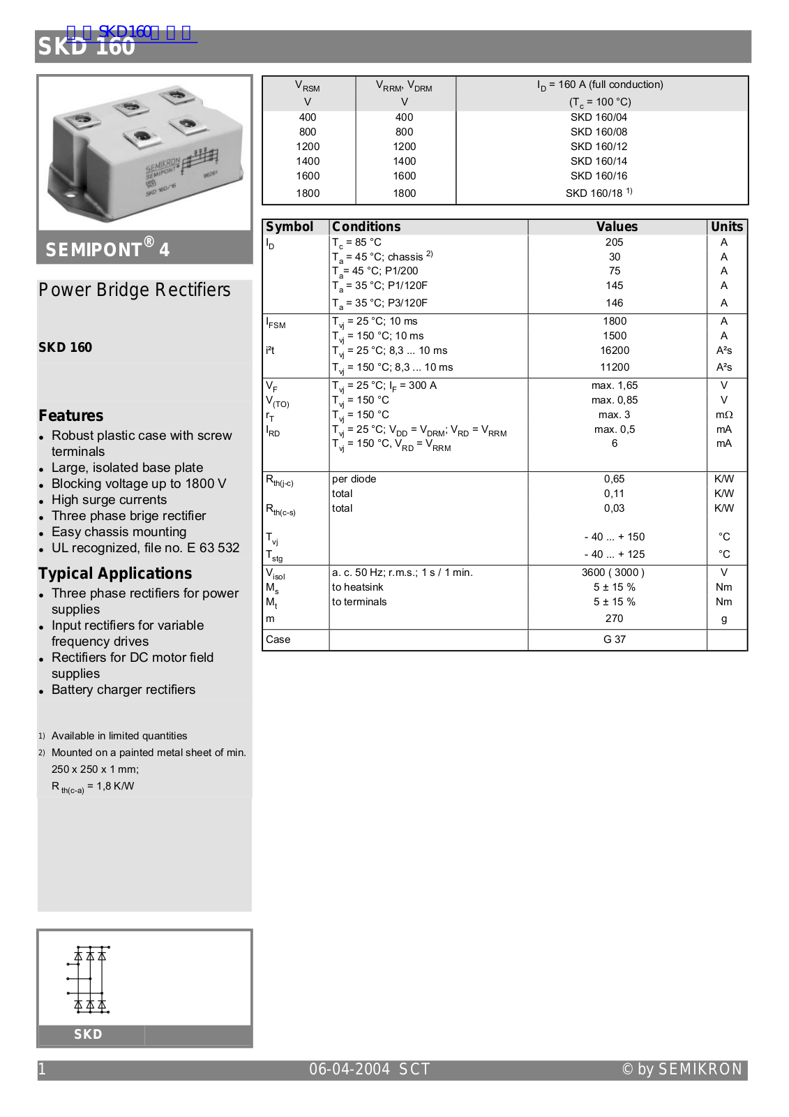 SEMIKRON SKD 160 DATA SHEET