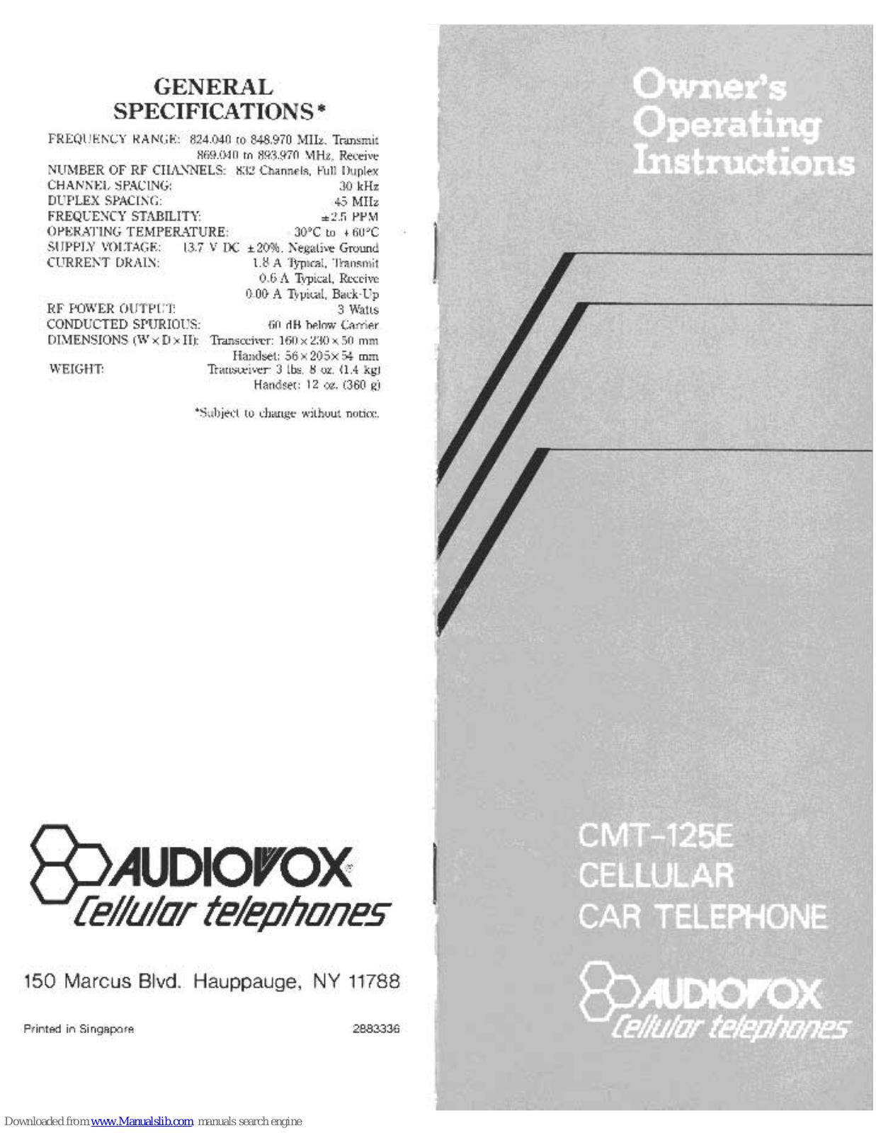 Audiovox CMT-125E Owner's Operating Instruction Manual