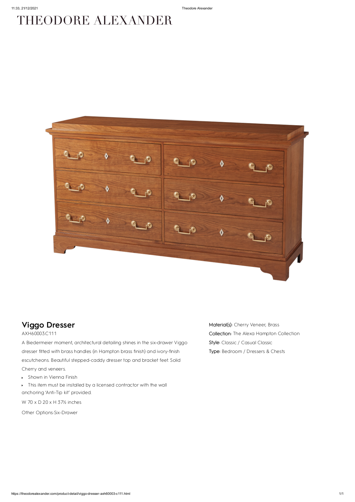 Theodore Alexander FPLJ3605 Specifications - ManualMachine.com