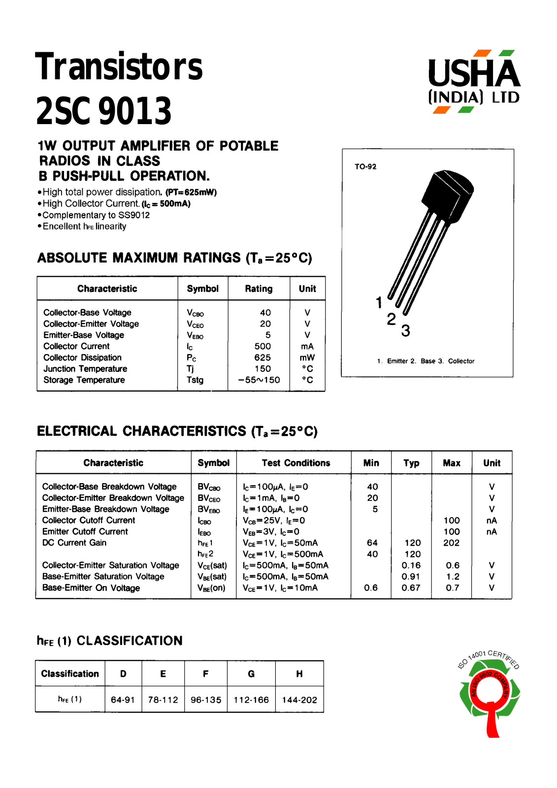 USHA 2SC9013 Datasheet