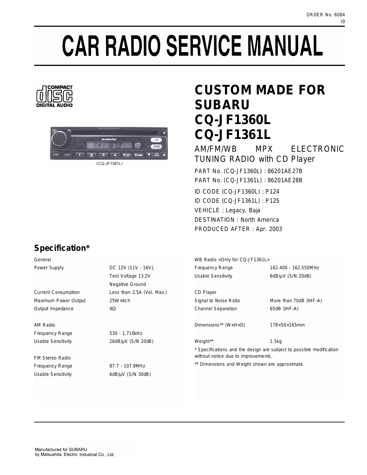 Panasonic CQ-JF1360L Service manual