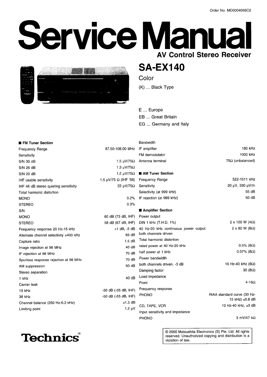 Technics SA-EX140 Service Manual