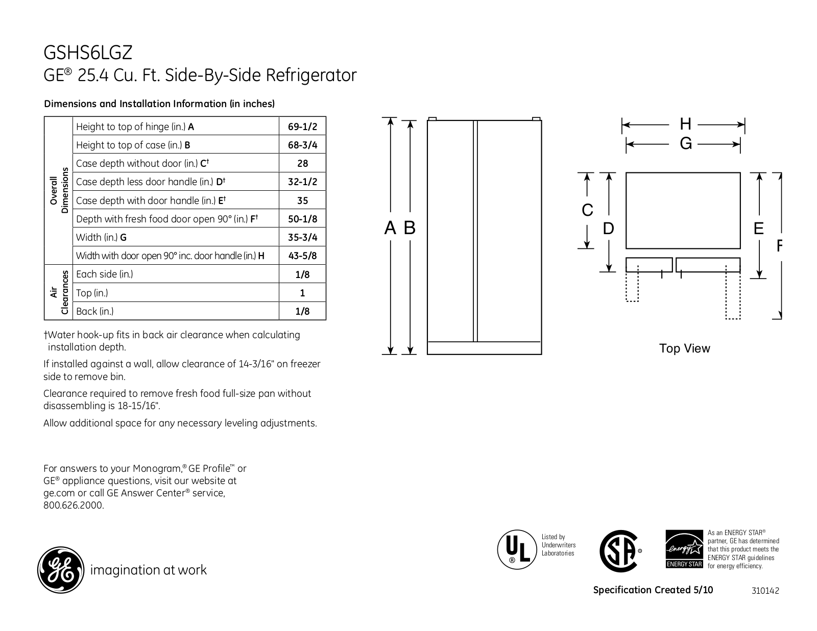 GE GSHS6LGZ Specification