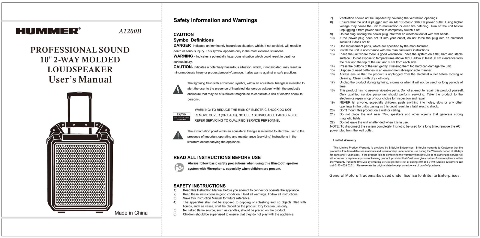 Britelite A1200B Users Manual