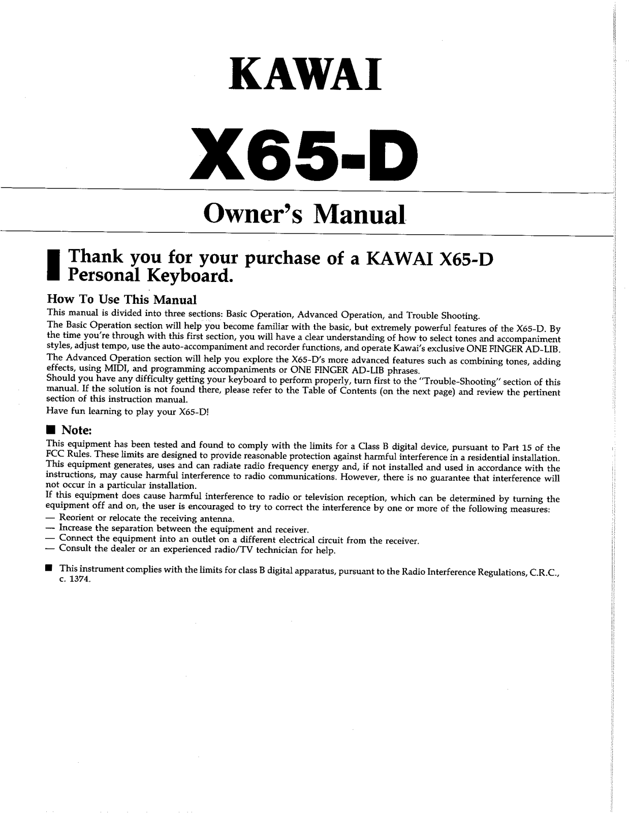 Kawai X65-D User Manual