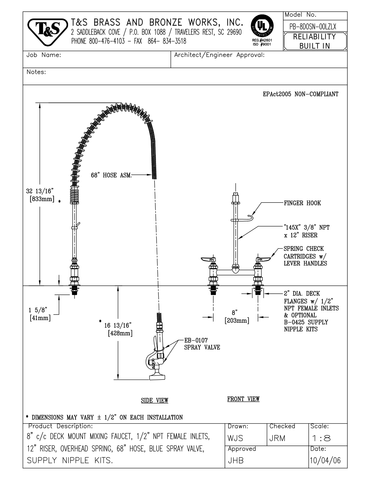 T&S Brass PB-8DOSN-00LZLX User Manual