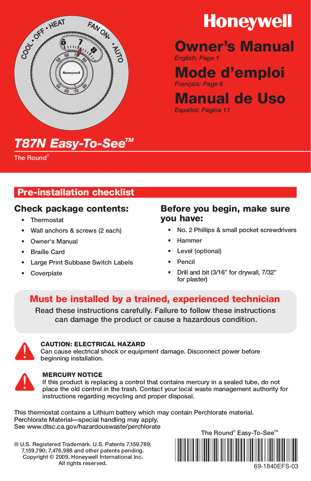 Honeywell T87N1000 User Manual