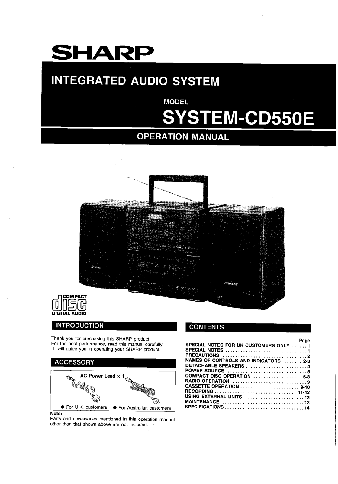 Sharp SYSTEMCD550 User Manual